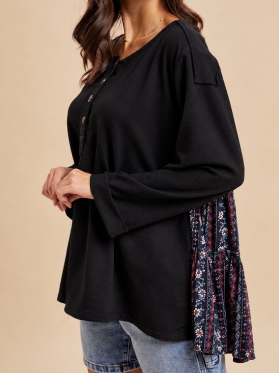 in loom Tops - In Loom Oversized Henley Contrast Floral Print Pleated Top
